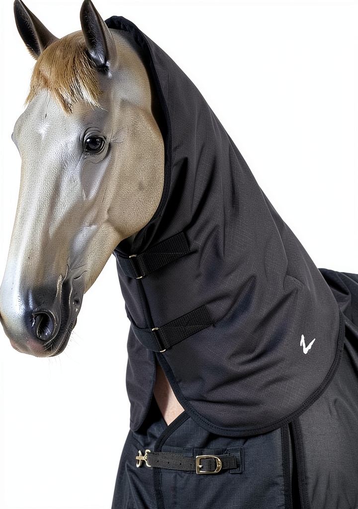 Horze neck hood attached to a horse in a snowy field