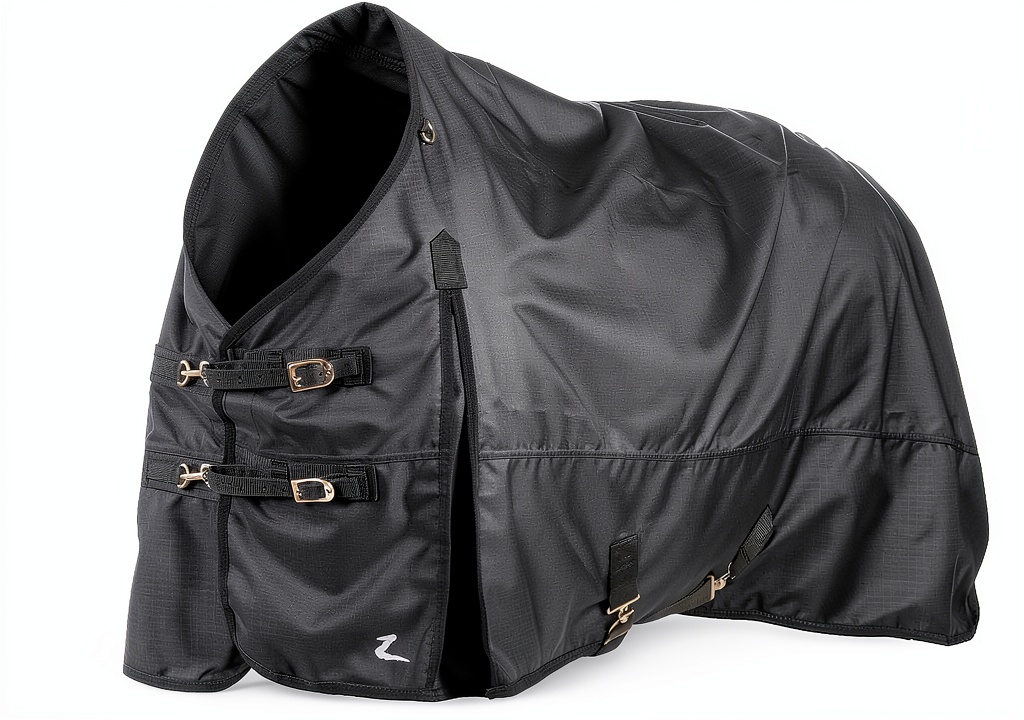 Installing Horze Horse Blanket Heavy Weight Turnout Winter Protection on a wooden bench