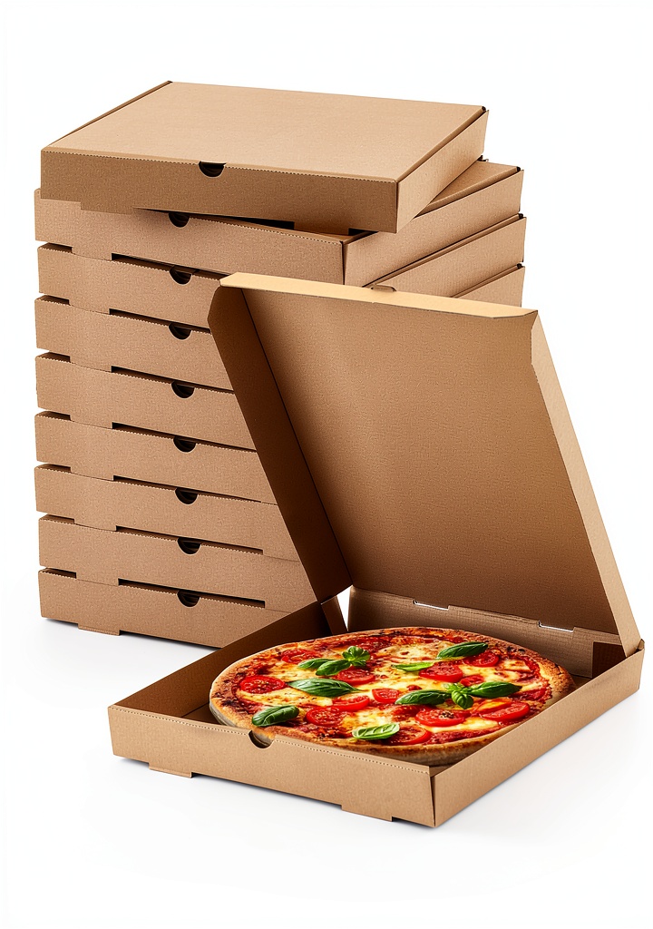 Fullhawl pizza boxes stacked on a kitchen counter